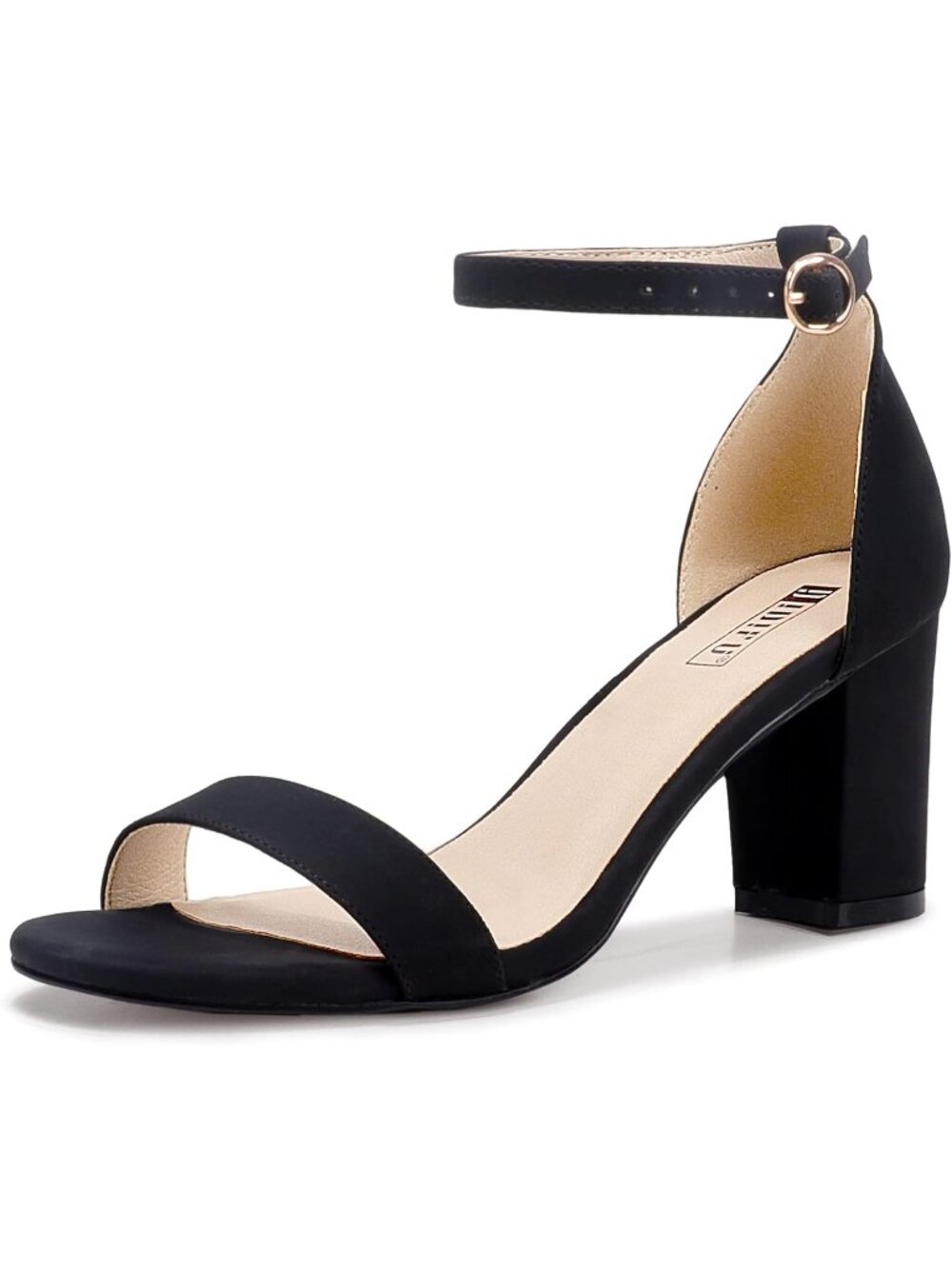 Women's Black Nubuck Adjustable Ankle Strap Open Toe Chunky Short Heel Sandals
